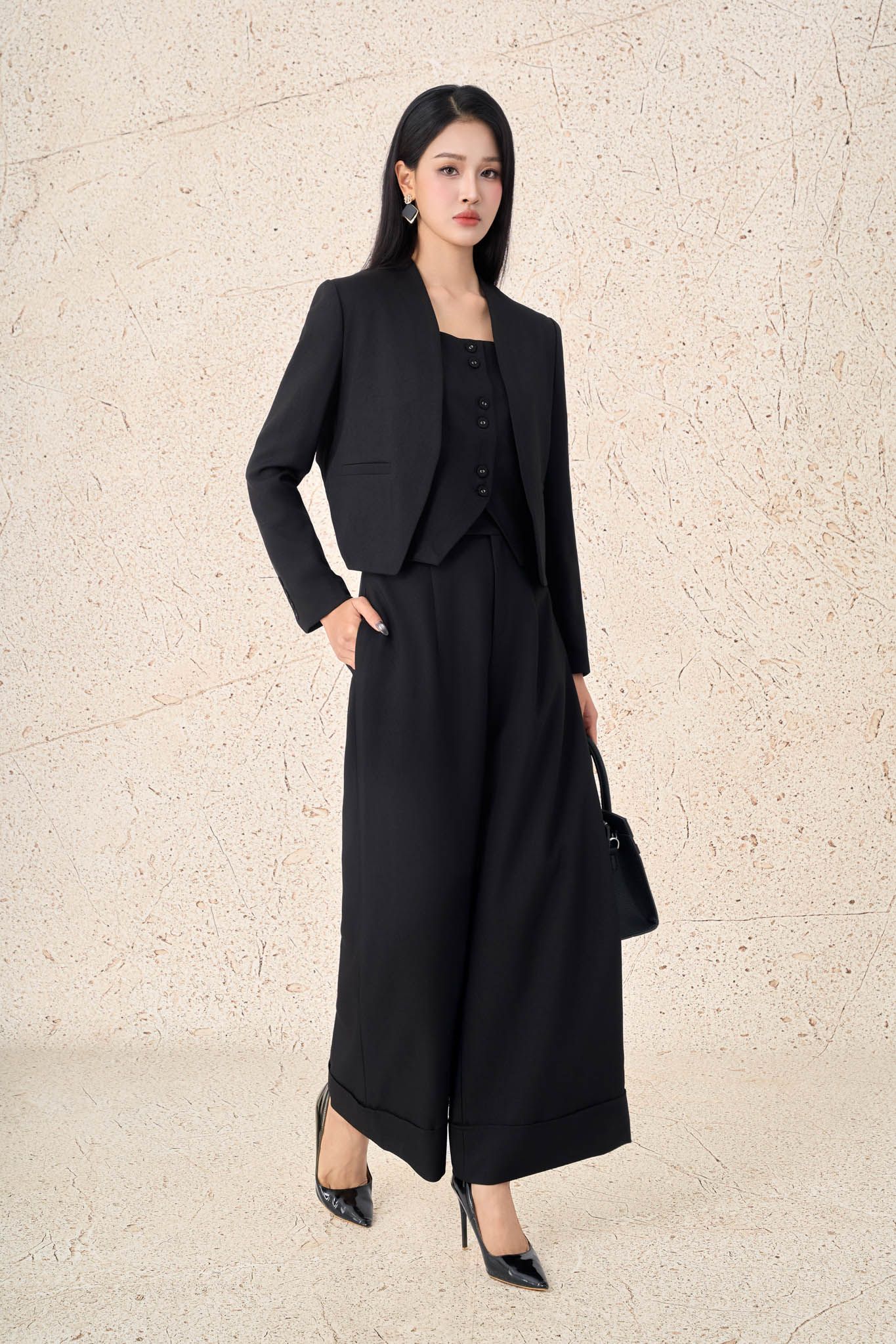 FQD91199 - Quần dài công sở vải demin dáng suông ống rộng gập gấu tạo kiểu khóa thân trước - PANTIO