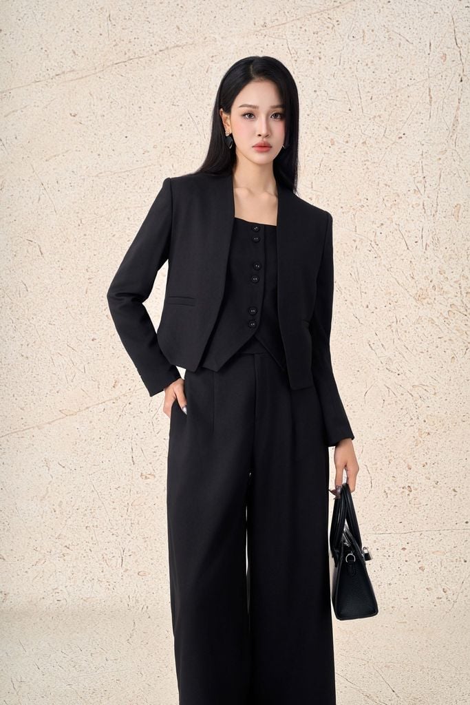 FAV997 - Áo vest công sở vải demin dáng ngắn kèm áo hai dây mặc trong thời trang cài khuy thân trước - PANTIO