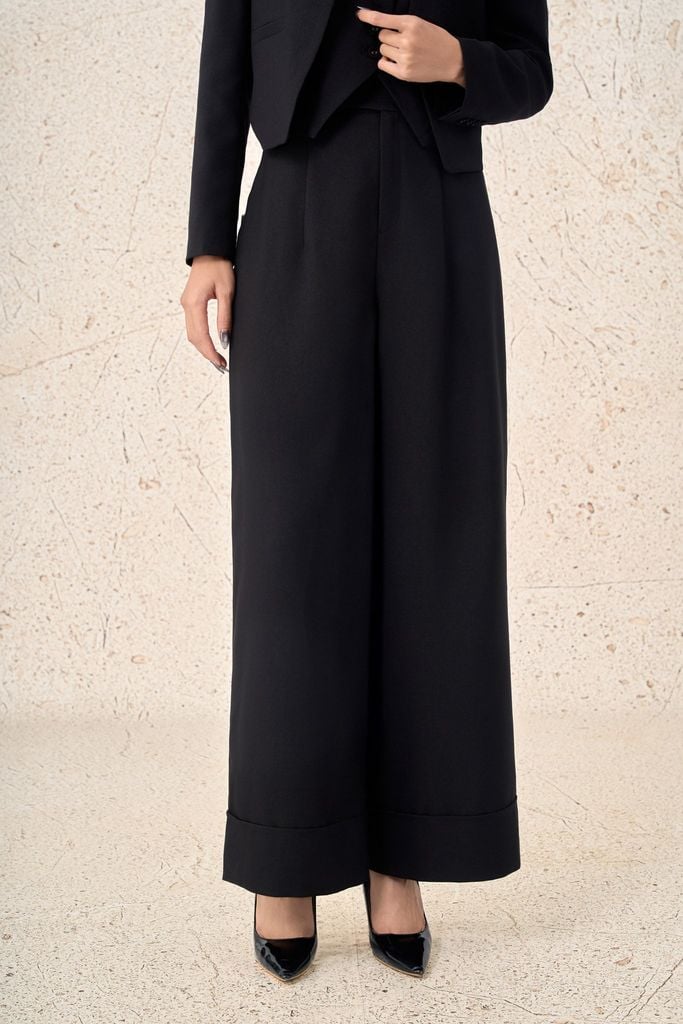 FQD91199 - Quần dài công sở vải demin dáng suông ống rộng gập gấu tạo kiểu khóa thân trước - PANTIO