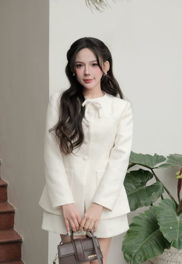 FAV9979 - Áo vest công sở vải dạ cao cấp cổ tròn đính nơ dáng chiết eo thời trang thân áo phối khuy bọc - JAN.