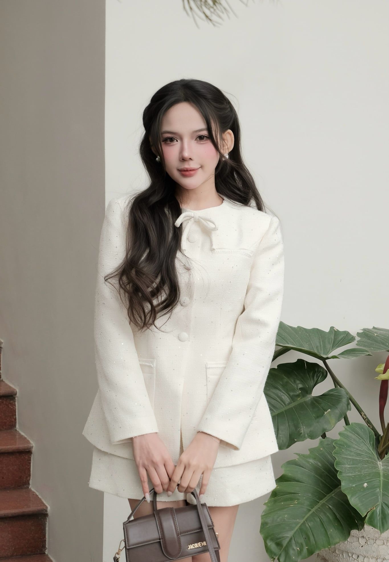 FAV9979 - Áo vest công sở vải dạ cao cấp cổ tròn đính nơ dáng chiết eo thời trang thân áo phối khuy bọc - JAN.