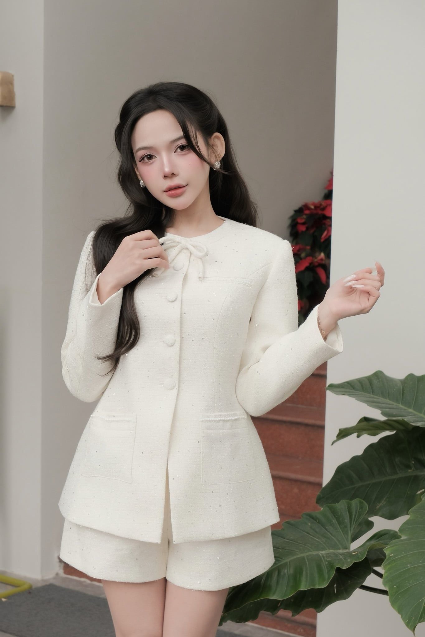 FAV9979 - Áo vest công sở vải dạ cao cấp cổ tròn đính nơ dáng chiết eo thời trang thân áo phối khuy bọc - JAN.