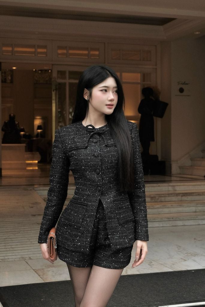 FAV9979 - Áo vest công sở vải dạ cao cấp cổ tròn đính nơ dáng chiết eo thời trang thân áo phối khuy bọc - JAN.