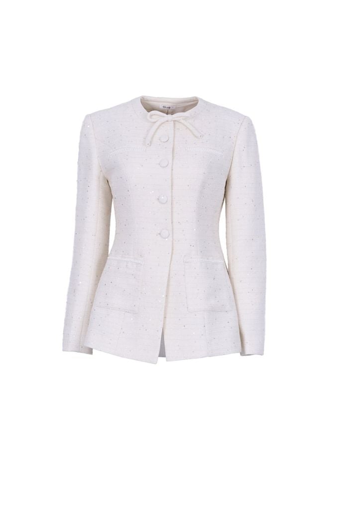 FAV9979 - Áo vest công sở vải dạ cao cấp cổ tròn đính nơ dáng chiết eo thời trang thân áo phối khuy bọc - JAN.