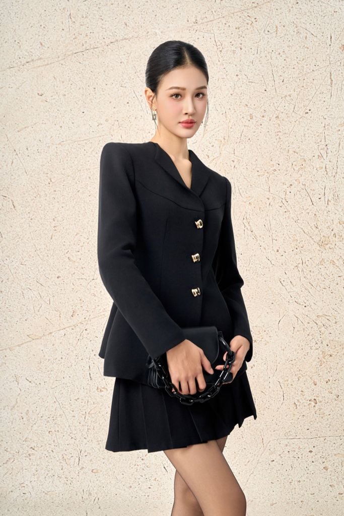 FAV9988 - Áo vest công sở vải thô dày dáng ôm cổ bẻ tay dài thân áo đính khuy kim loại tạo kiểu - PANTIO