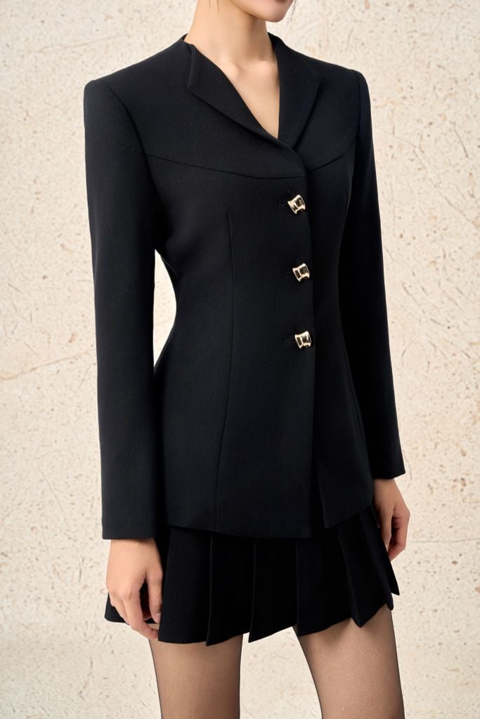 FAV9988 - Áo vest công sở vải thô dày dáng ôm cổ bẻ tay dài thân áo đính khuy kim loại tạo kiểu - PANTIO