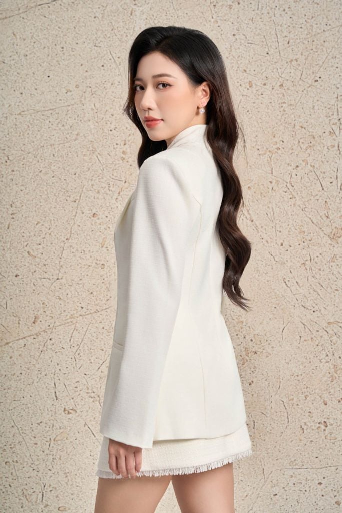 FAV9995 - Áo vest công sở vải thô dày dáng ôm tay dài cổ kiểu phối vạt tạo kiểu khoá thân sau - PANTIO