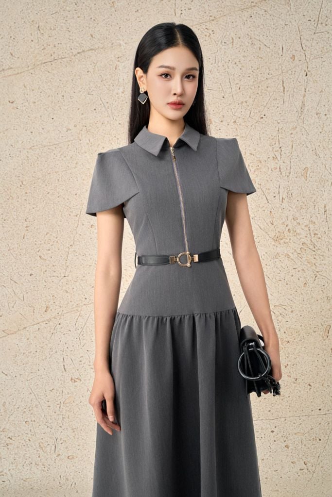 FDC14034 - Đầm công sở vải tuytsi dáng xoè có lót habutai cổ đức phối khoá đồng trang trí kèm thắt lưng tạo kiểu khoá thân sau - PANTIO