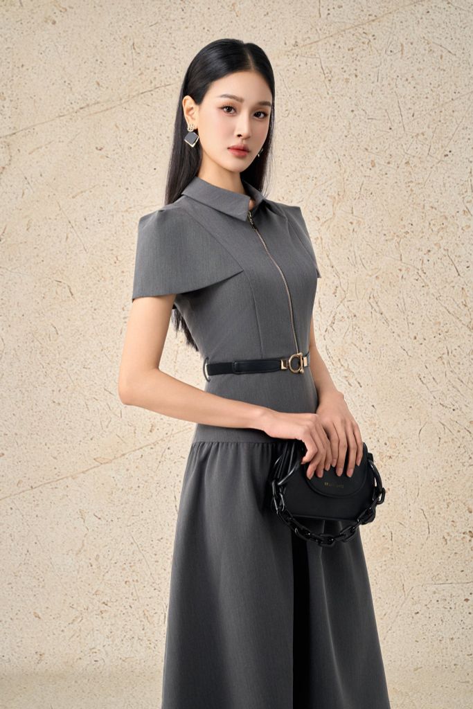 FDC14034 - Đầm công sở vải tuytsi dáng xoè có lót habutai cổ đức phối khoá đồng trang trí kèm thắt lưng tạo kiểu khoá thân sau - PANTIO