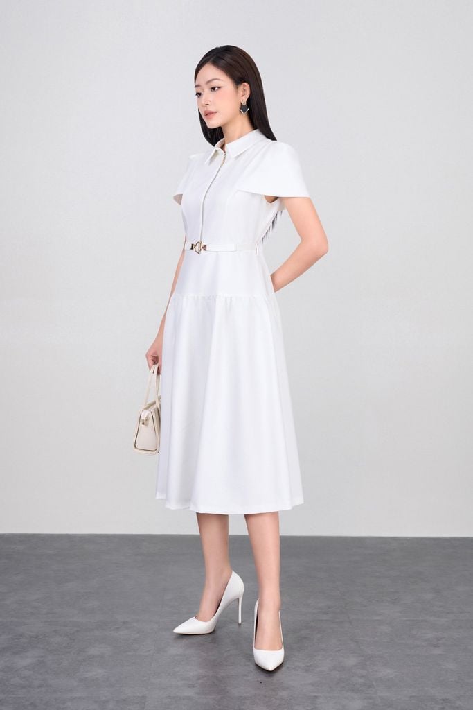 FDC14034 - Đầm công sở vải tuytsi dáng xoè có lót habutai cổ đức phối khoá đồng trang trí kèm thắt lưng tạo kiểu khoá thân sau - PANTIO