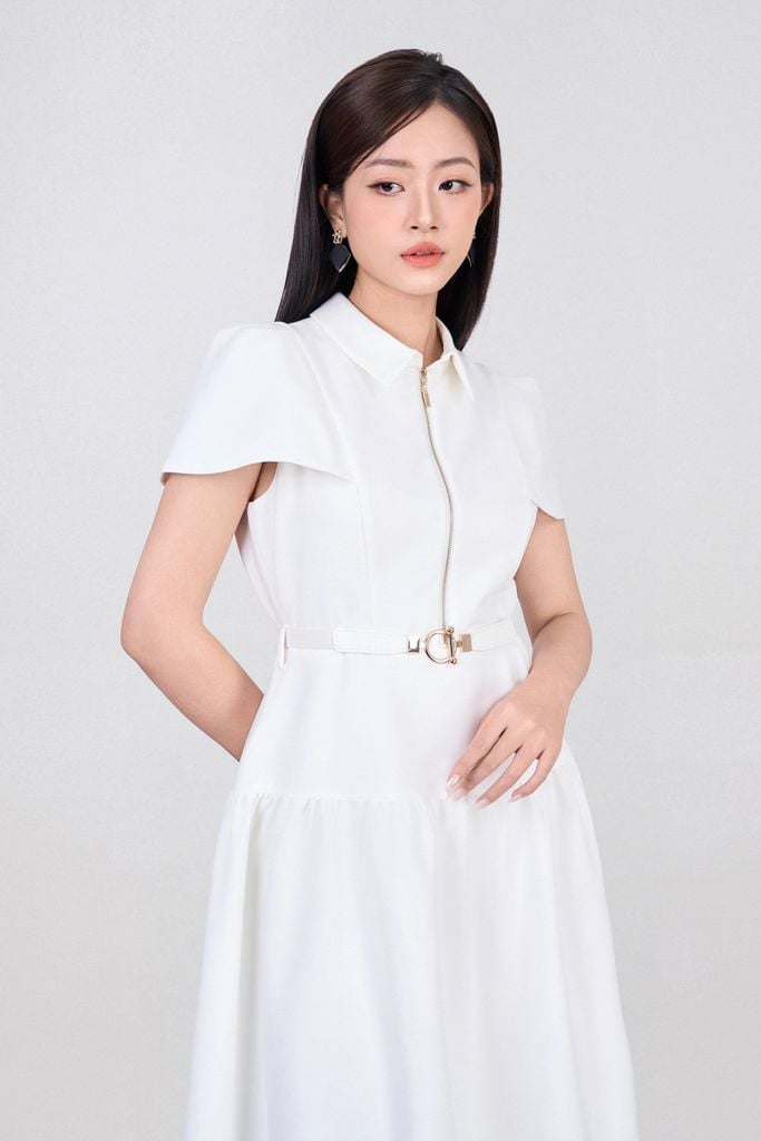 FDC14034 - Đầm công sở vải tuytsi dáng xoè có lót habutai cổ đức phối khoá đồng trang trí kèm thắt lưng tạo kiểu khoá thân sau - PANTIO