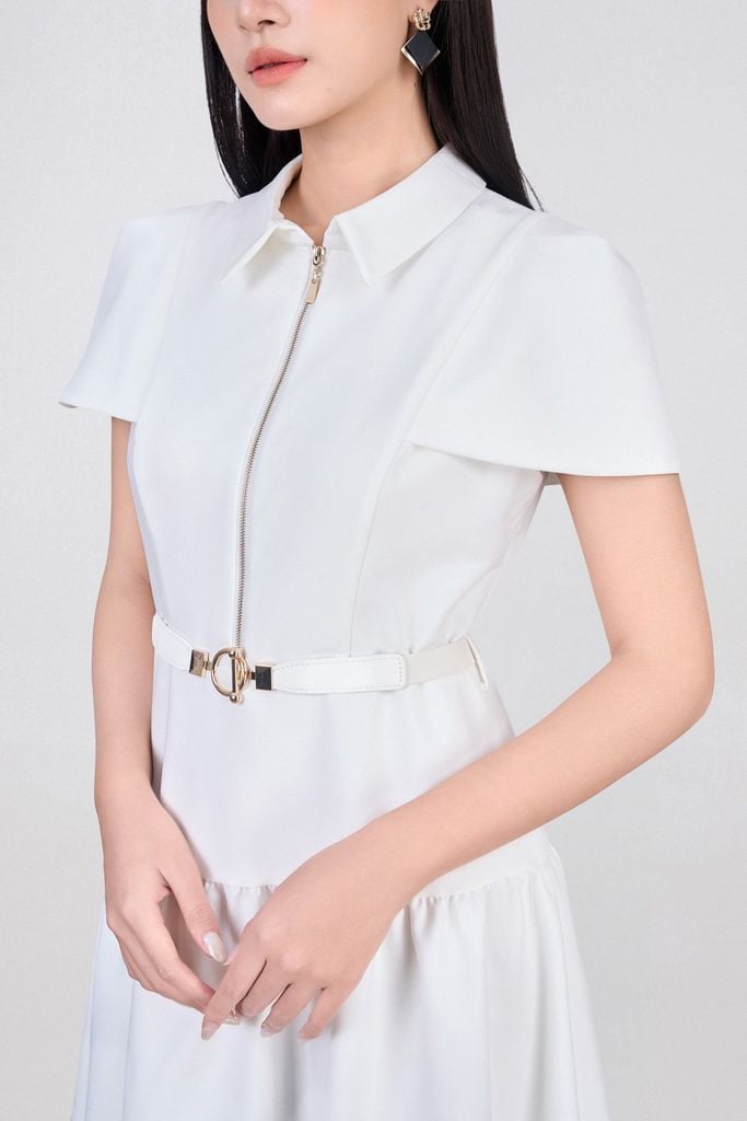 FDC14034 - Đầm công sở vải tuytsi dáng xoè có lót habutai cổ đức phối khoá đồng trang trí kèm thắt lưng tạo kiểu khoá thân sau - PANTIO