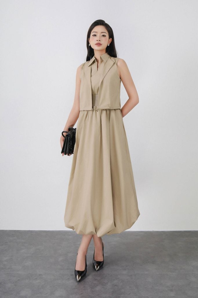 FDC15172 - Đầm công sở vải thô kate dáng bí cổ đức xẻ V kèm áo khoác liền tạo kiểu eo bo chun ôm thời trang - PANTIO