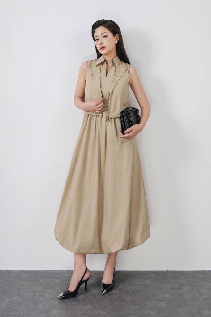 FDC15172 - Đầm công sở vải thô kate dáng bí cổ đức xẻ V kèm áo khoác liền tạo kiểu eo bo chun ôm thời trang - PANTIO