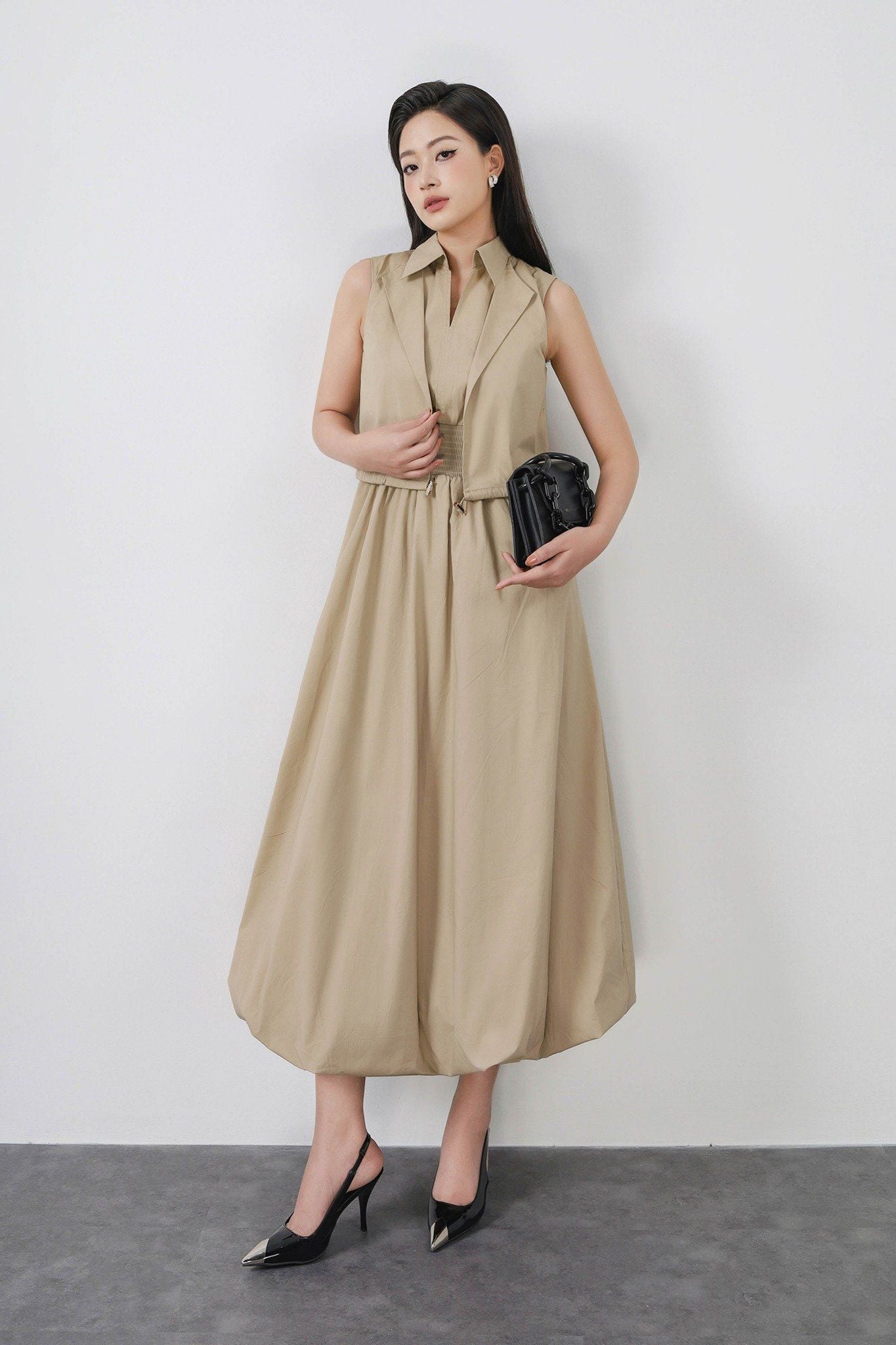 FDC15172 - Đầm công sở vải thô kate dáng bí cổ đức xẻ V kèm áo khoác liền tạo kiểu eo bo chun ôm thời trang - PANTIO