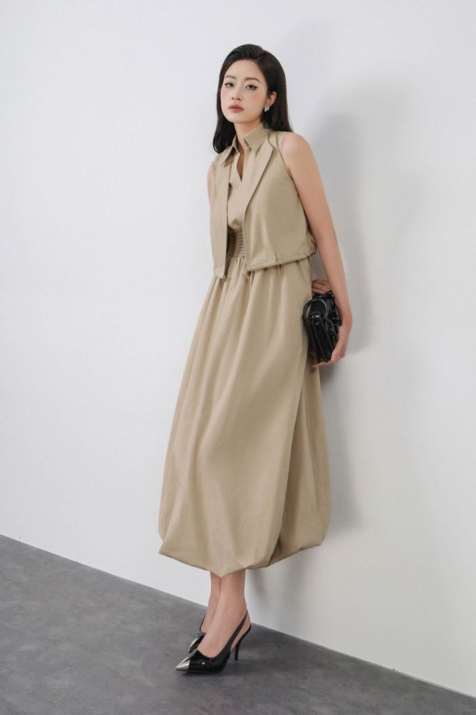 FDC15172 - Đầm công sở vải thô kate dáng bí cổ đức xẻ V kèm áo khoác liền tạo kiểu eo bo chun ôm thời trang - PANTIO