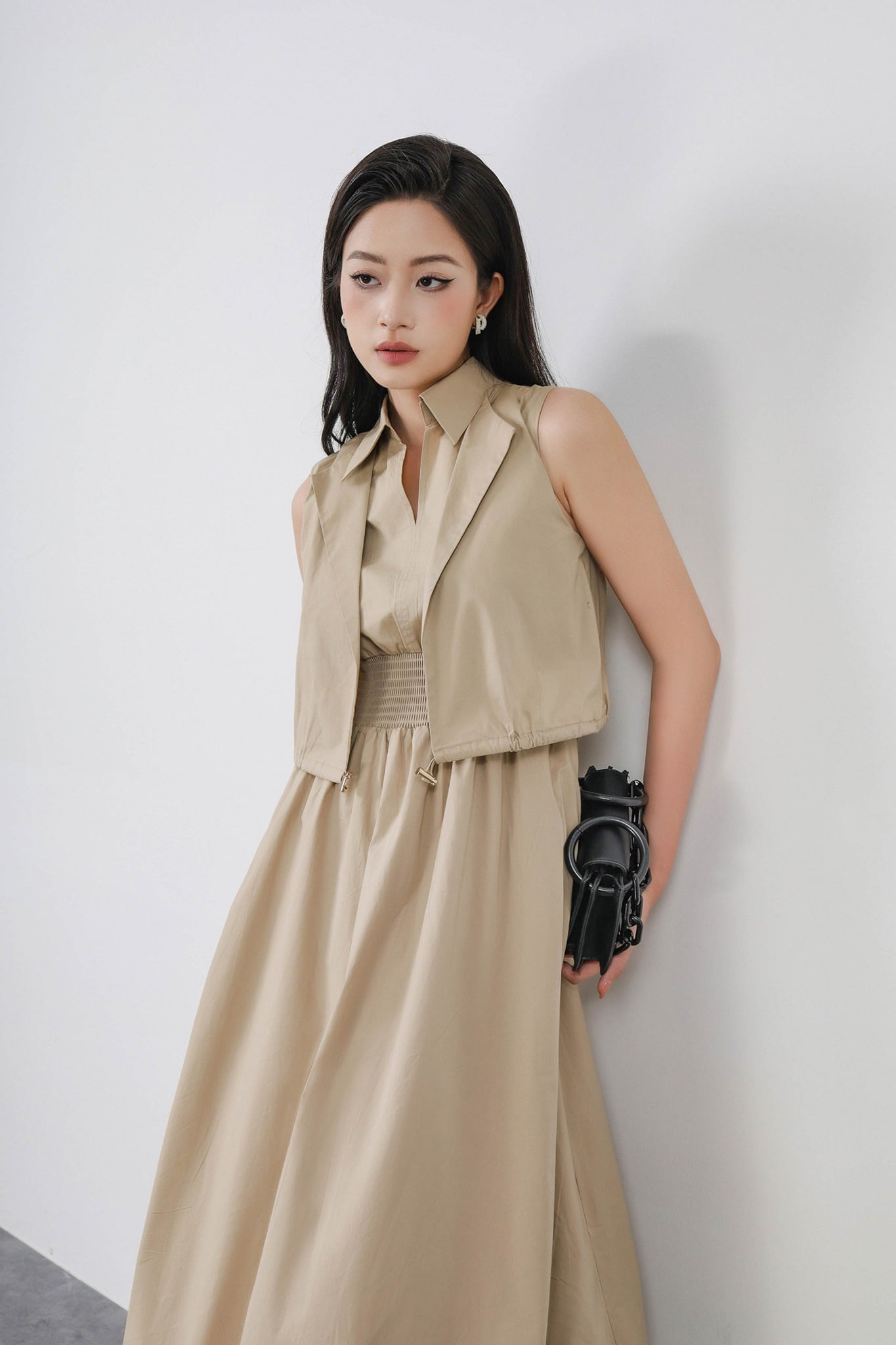 FDC15172 - Đầm công sở vải thô kate dáng bí cổ đức xẻ V kèm áo khoác liền tạo kiểu eo bo chun ôm thời trang - PANTIO