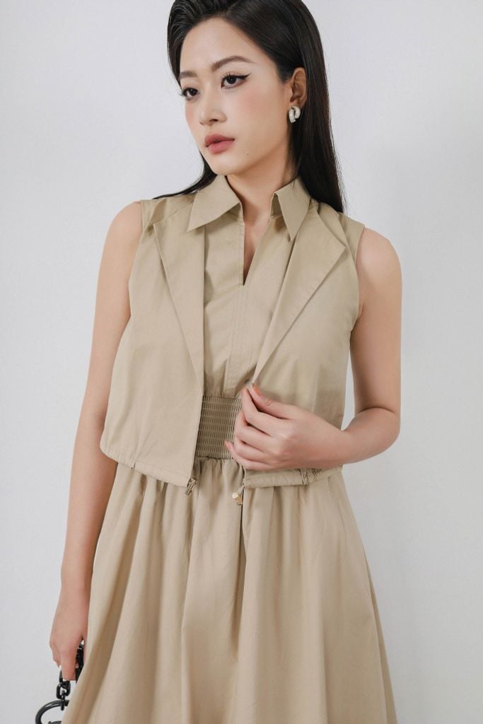 FDC15172 - Đầm công sở vải thô kate dáng bí cổ đức xẻ V kèm áo khoác liền tạo kiểu eo bo chun ôm thời trang - PANTIO