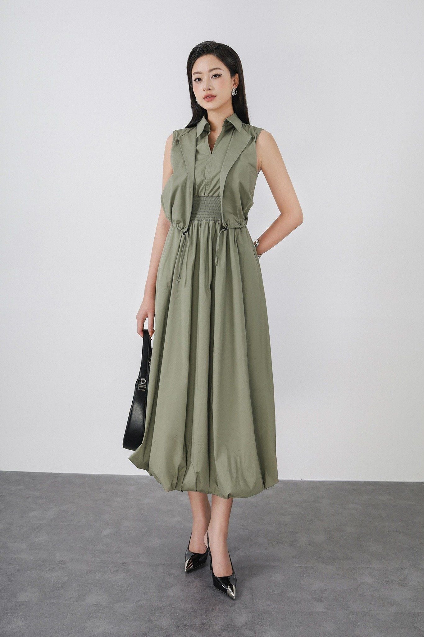 FDC15172 - Đầm công sở vải thô kate dáng bí cổ đức xẻ V kèm áo khoác liền tạo kiểu eo bo chun ôm thời trang - PANTIO