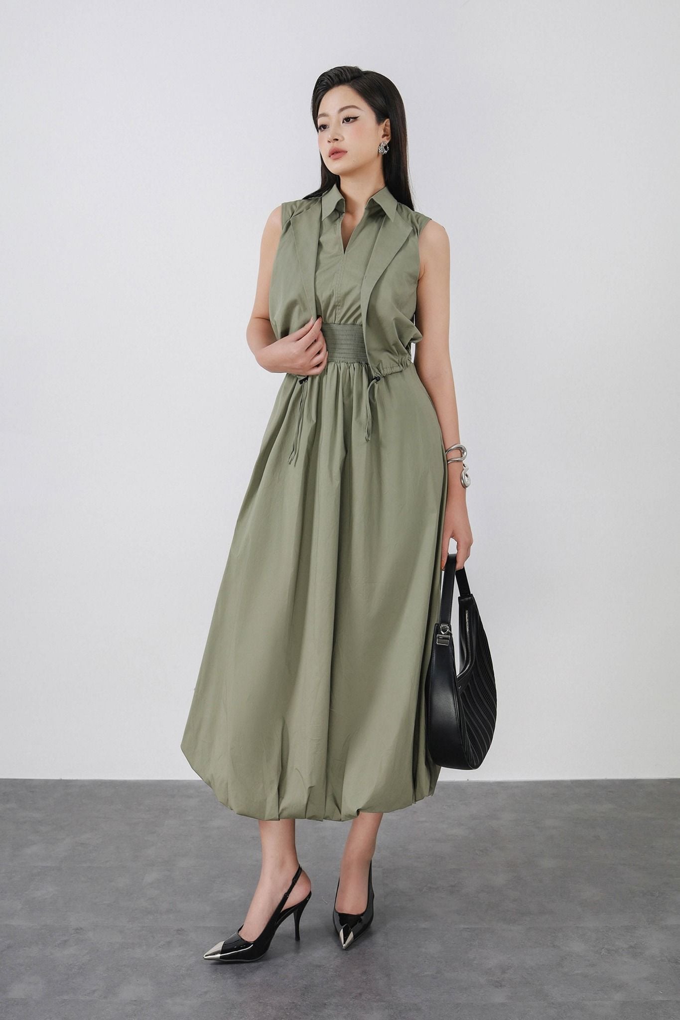 FDC15172 - Đầm công sở vải thô kate dáng bí cổ đức xẻ V kèm áo khoác liền tạo kiểu eo bo chun ôm thời trang - PANTIO