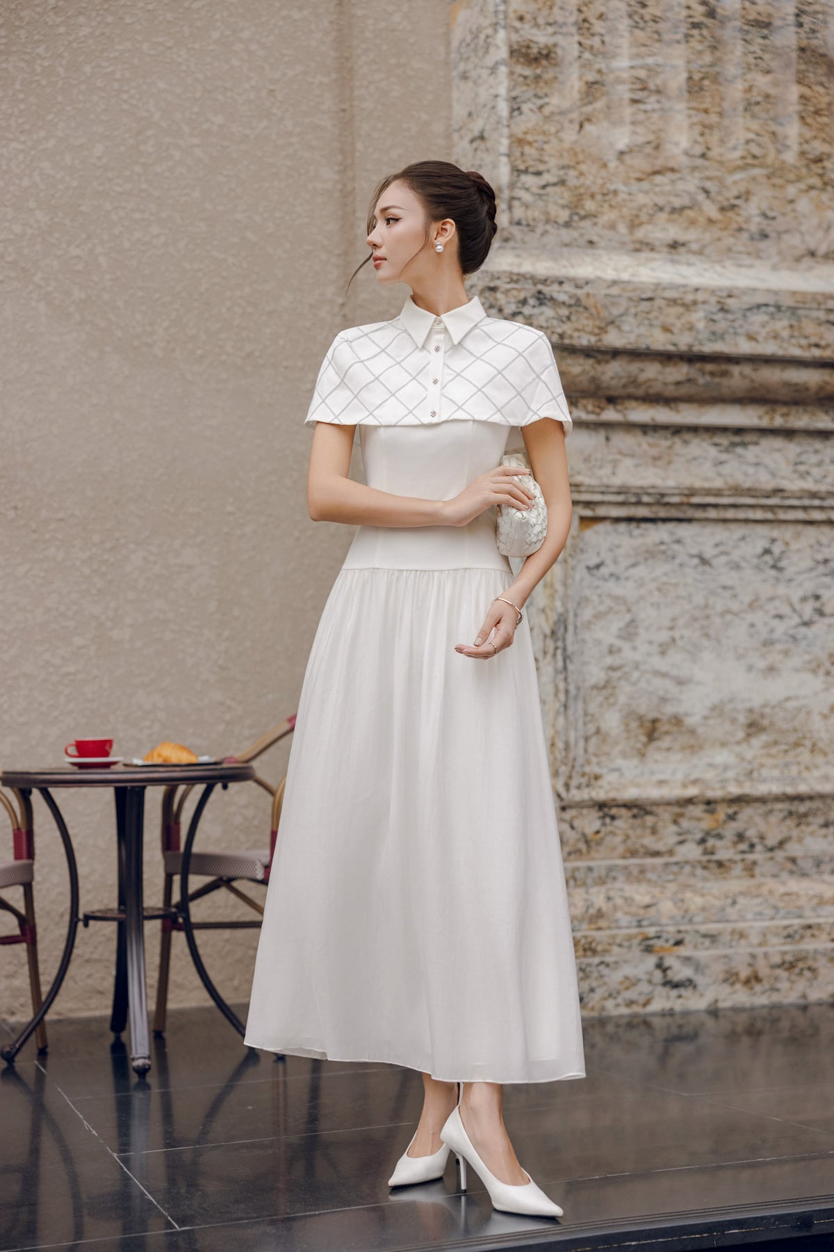 FDC15213 - Đầm công sở vải thô dáng A kèm áo choàng vai rời tạo kiểu thân váy xếp nhún tạo xoè khóa thân sau - PANTIO