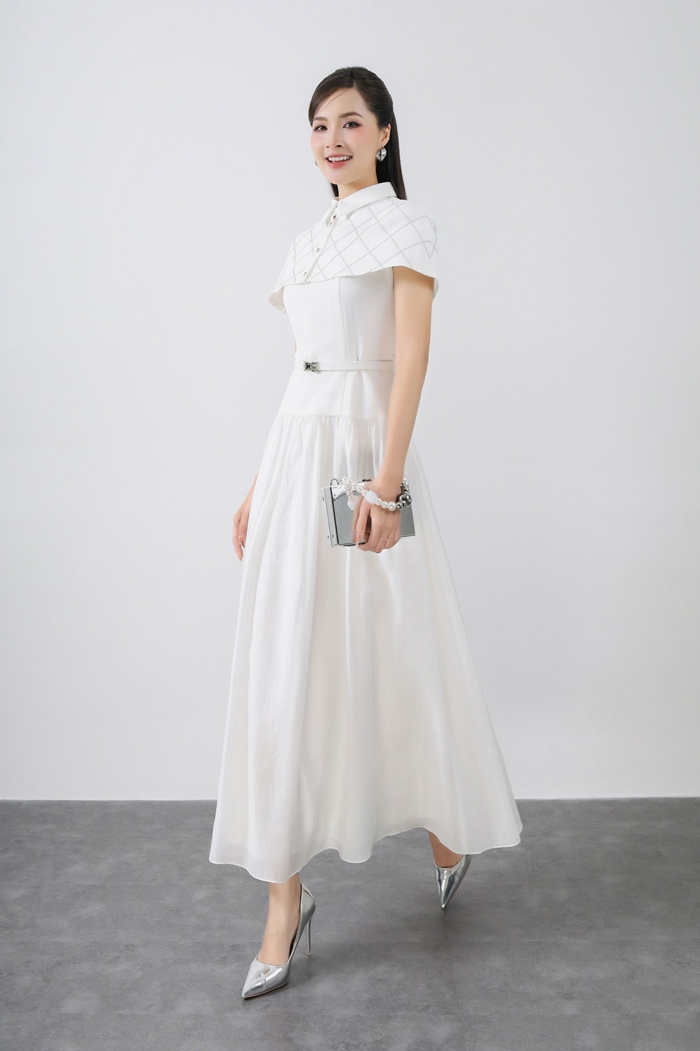 FDC15213 - Đầm công sở vải thô dáng A kèm áo choàng vai rời tạo kiểu thân váy xếp nhún tạo xoè khóa thân sau - PANTIO