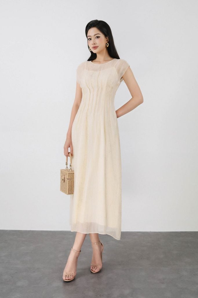 FDC15230 - Đầm công sở vải tơ hai lớp dáng ôm cổ tròn vai chờm thân váy phối đường gân ôm eo tạo kiểu khoá bên hông - PANTIO