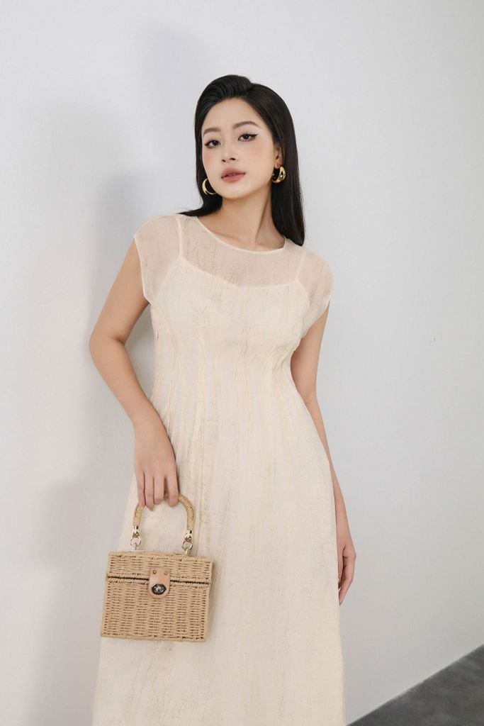 FDC15230 - Đầm công sở vải tơ hai lớp dáng ôm cổ tròn vai chờm thân váy phối đường gân ôm eo tạo kiểu khoá bên hông - PANTIO