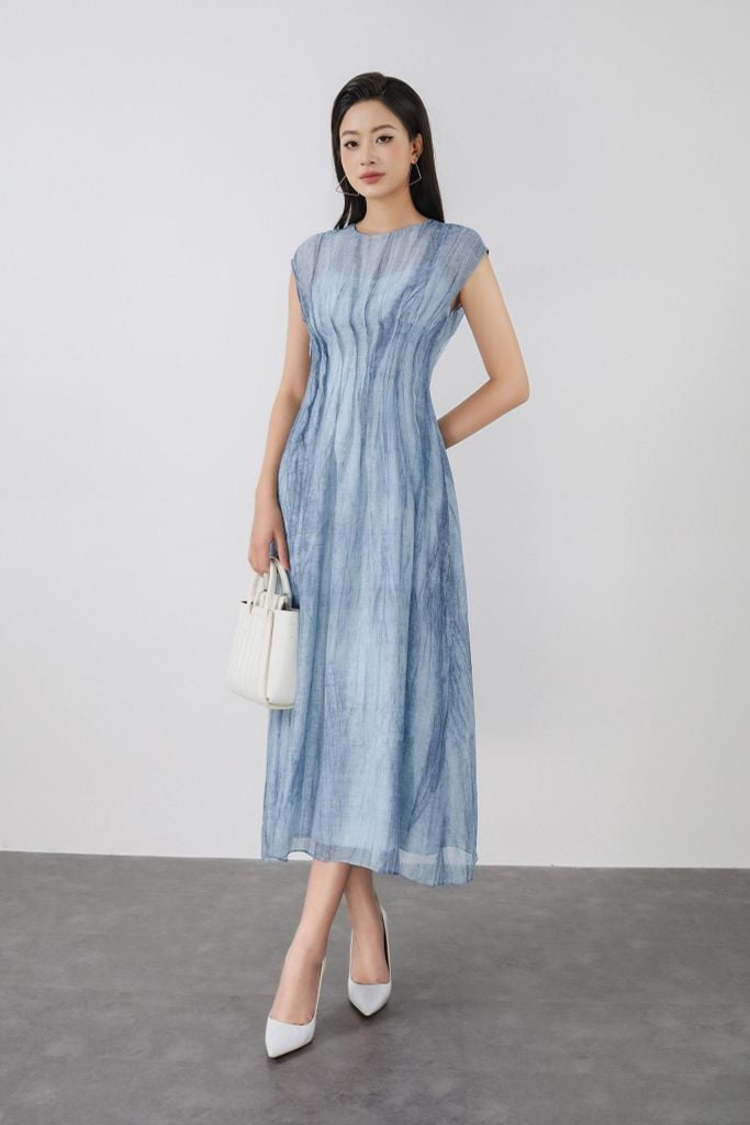 FDC15230 - Đầm công sở vải tơ hai lớp dáng ôm cổ tròn vai chờm thân váy phối đường gân ôm eo tạo kiểu khoá bên hông - PANTIO