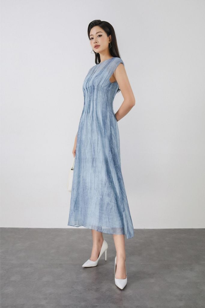 FDC15230 - Đầm công sở vải tơ hai lớp dáng ôm cổ tròn vai chờm thân váy phối đường gân ôm eo tạo kiểu khoá bên hông - PANTIO