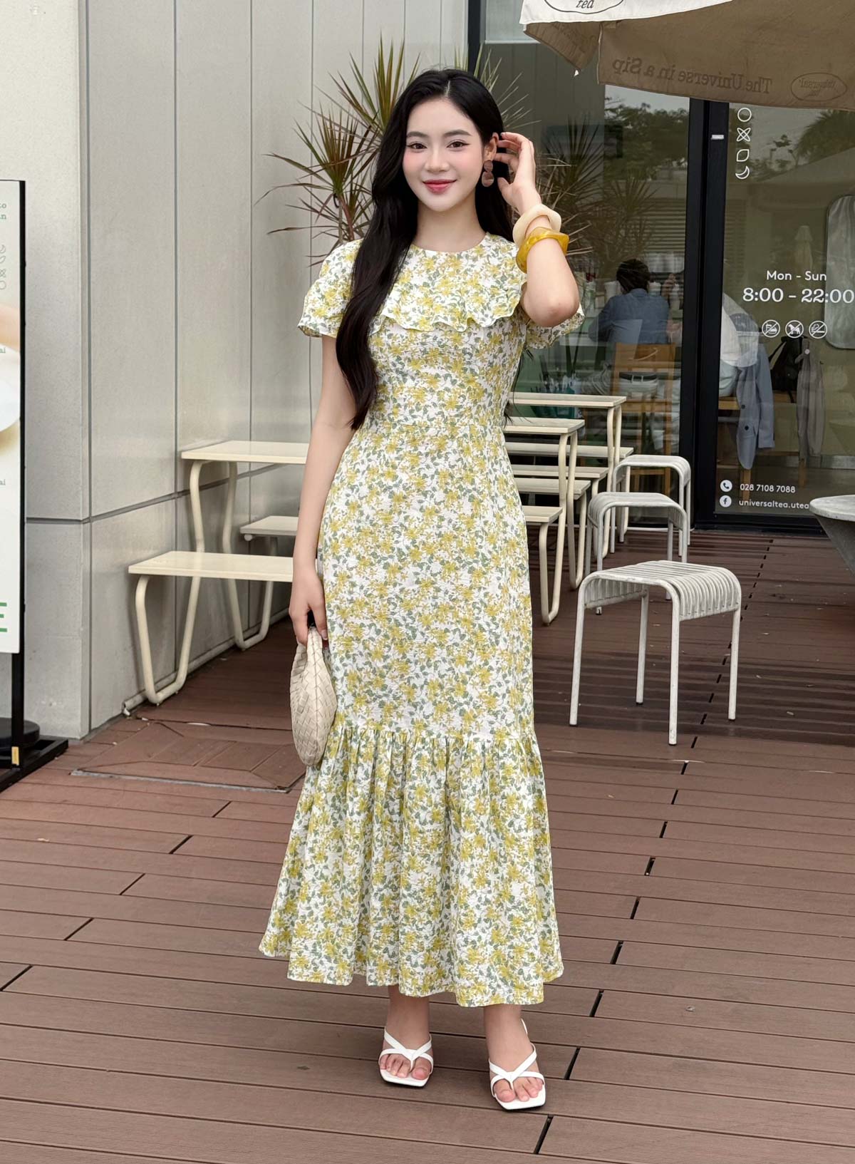 FDC15231 - tỷ lệ kèo 8899 vải thô hoa dáng suông cổ tròn vai phối viền tạo kiểu gấu váy xếp nhún tạo xoè khóa thân sau - tỷ lệ kèo 8899