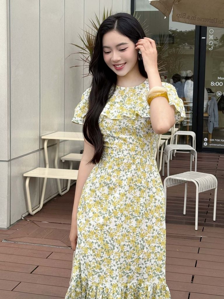 FDC15231 - tỷ lệ kèo 8899 vải thô hoa dáng suông cổ tròn vai phối viền tạo kiểu gấu váy xếp nhún tạo xoè khóa thân sau - tỷ lệ kèo 8899