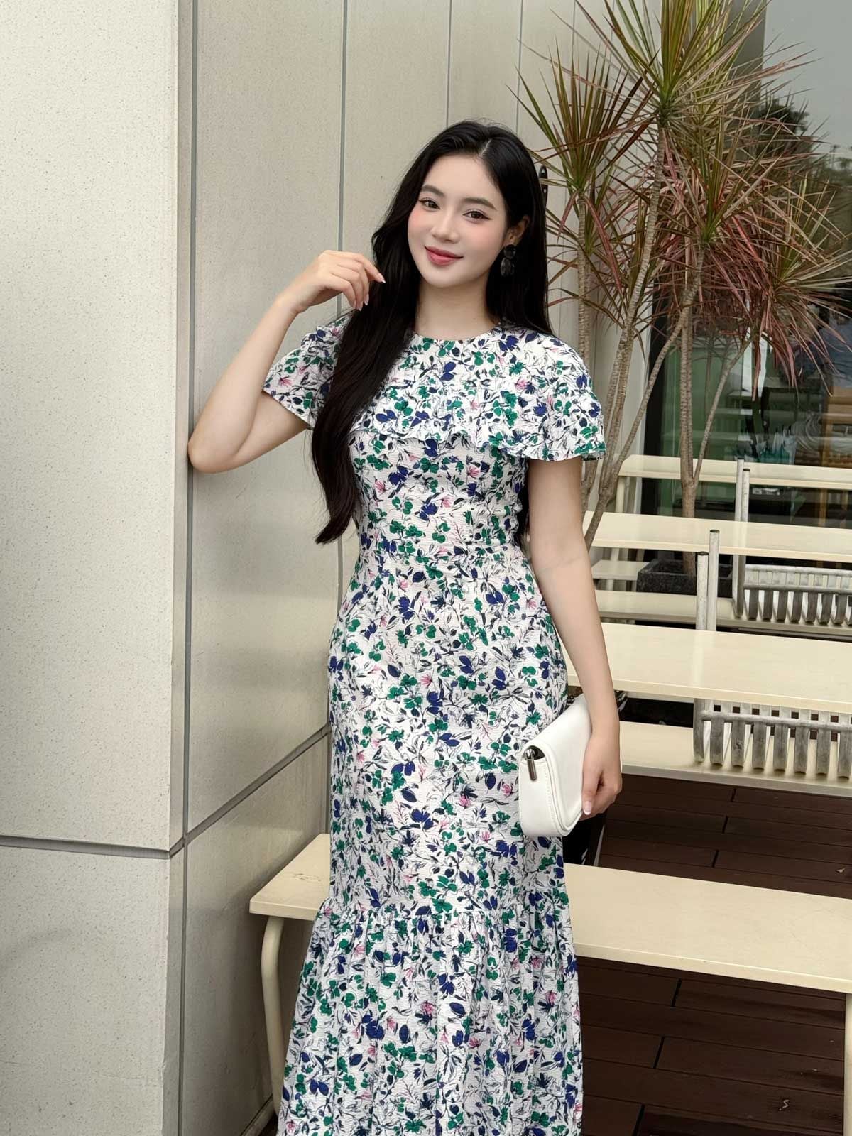 FDC15231 - tỷ lệ kèo 8899 vải thô hoa dáng suông cổ tròn vai phối viền tạo kiểu gấu váy xếp nhún tạo xoè khóa thân sau - tỷ lệ kèo 8899
