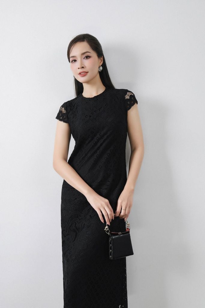 FDC15232 - Đầm công sở vải ren hoa hai lớp dáng suông cổ tròn vai chờm thời trang - PANTIO