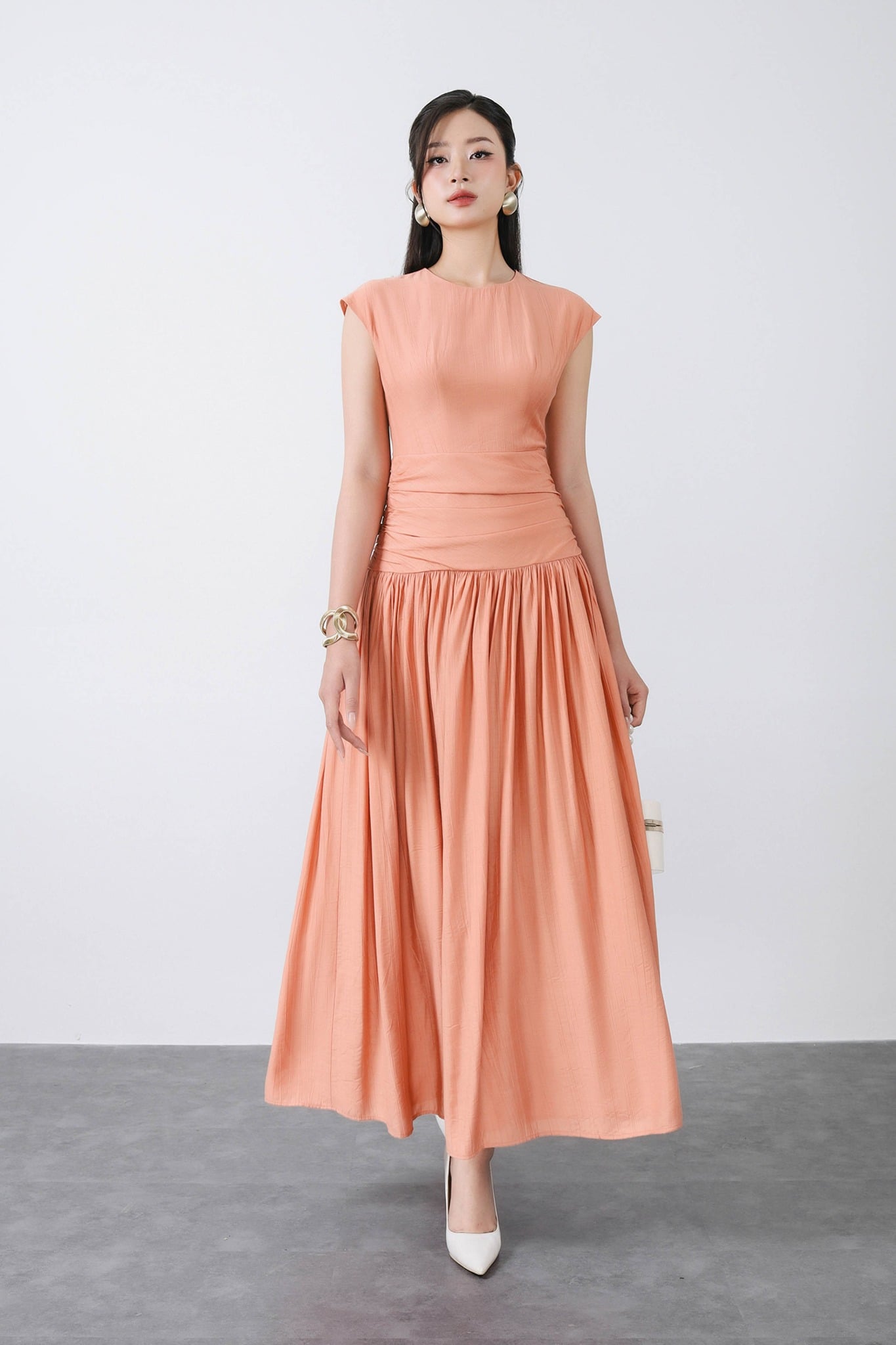 FDC15236 - Đầm công sở vải thô mỏng dáng xoè cổ tròn vai chờm eo đáp cạp nhún bản to thân váy phối ly bung tạo xoè khoá thân sau - PANTIO