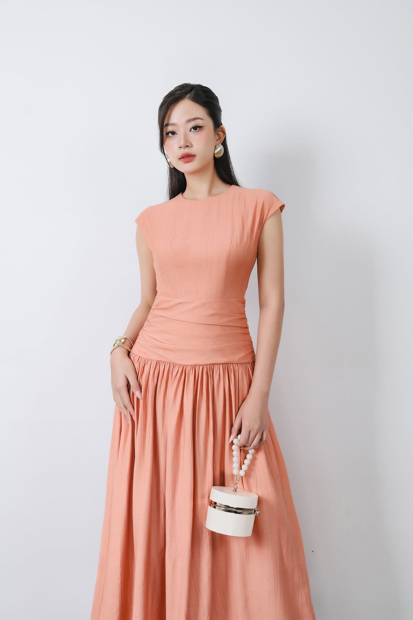 FDC15236 - Đầm công sở vải thô mỏng dáng xoè cổ tròn vai chờm eo đáp cạp nhún bản to thân váy phối ly bung tạo xoè khoá thân sau - PANTIO