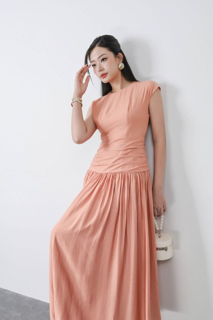 FDC15236 - Đầm công sở vải thô mỏng dáng xoè cổ tròn vai chờm eo đáp cạp nhún bản to thân váy phối ly bung tạo xoè khoá thân sau - PANTIO