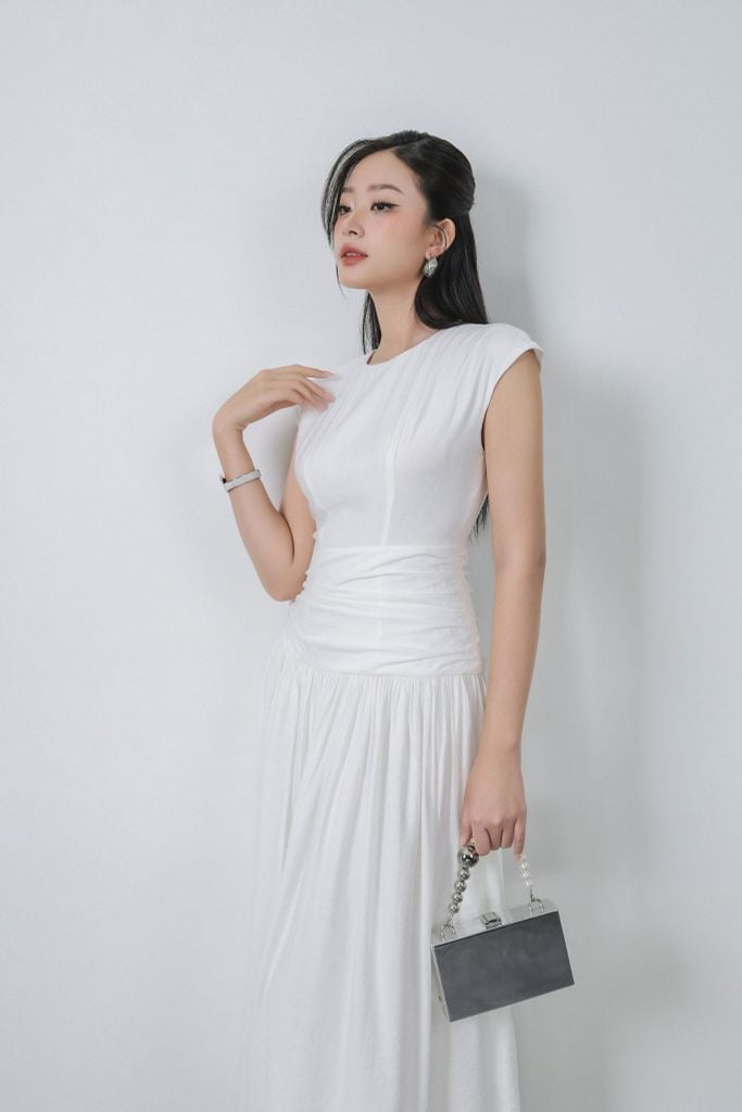 FDC15236 - Đầm công sở vải thô mỏng dáng xoè cổ tròn vai chờm eo đáp cạp nhún bản to thân váy phối ly bung tạo xoè khoá thân sau - PANTIO