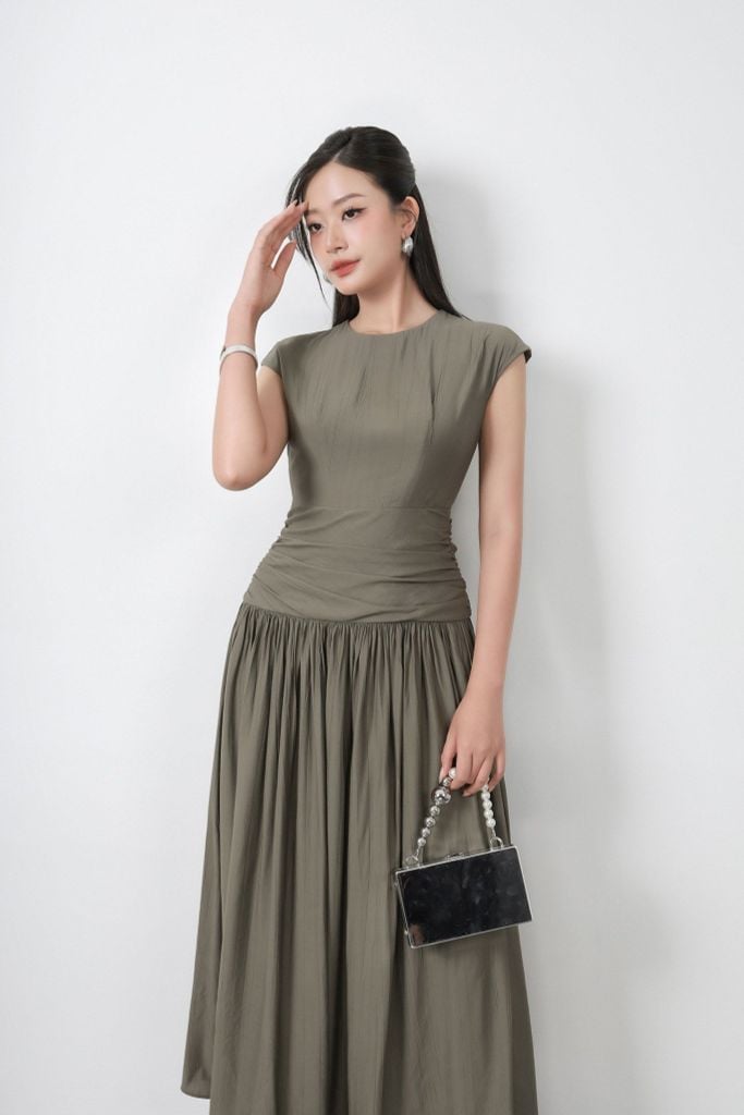 FDC15236 - Đầm công sở vải thô mỏng dáng xoè cổ tròn vai chờm eo đáp cạp nhún bản to thân váy phối ly bung tạo xoè khoá thân sau - PANTIO
