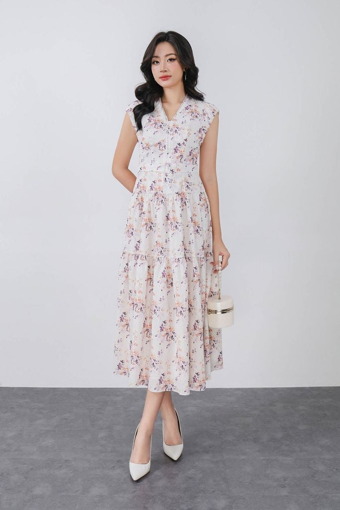 FDC15239 - Đầm công sở vải thô xốp cổ xẻ V vai chờm thân váy phối ly bung tạo xoè khoá thân sau - PANTIO