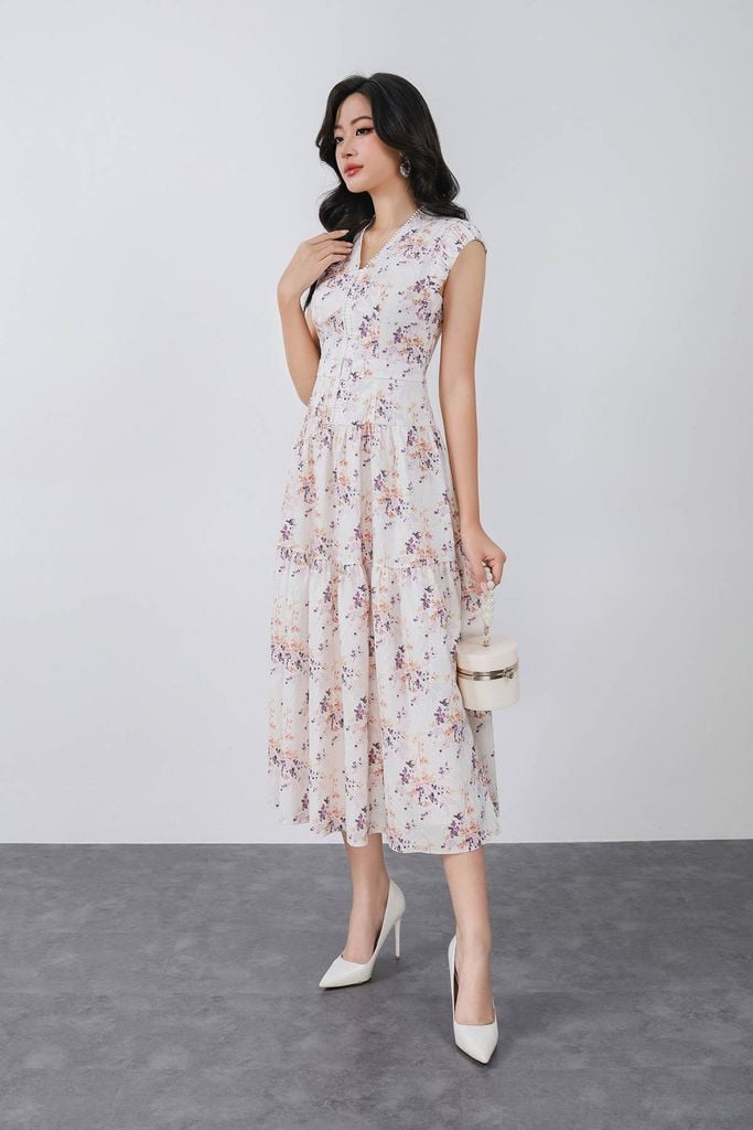 FDC15239 - Đầm công sở vải thô xốp cổ xẻ V vai chờm thân váy phối ly bung tạo xoè khoá thân sau - PANTIO