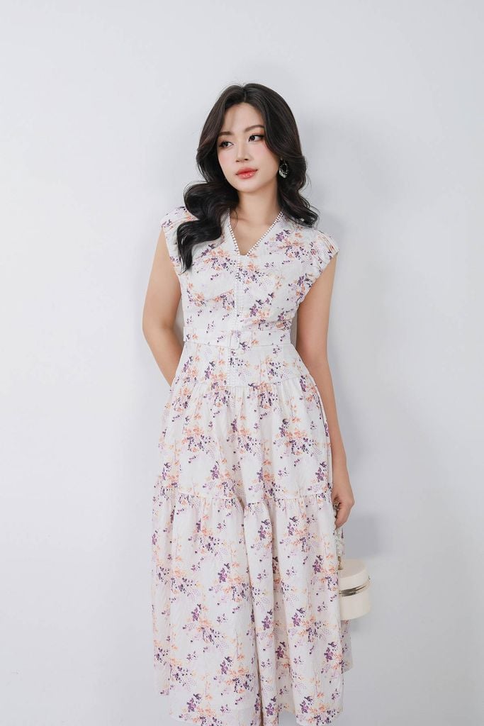 FDC15239 - Đầm công sở vải thô xốp cổ xẻ V vai chờm thân váy phối ly bung tạo xoè khoá thân sau - PANTIO