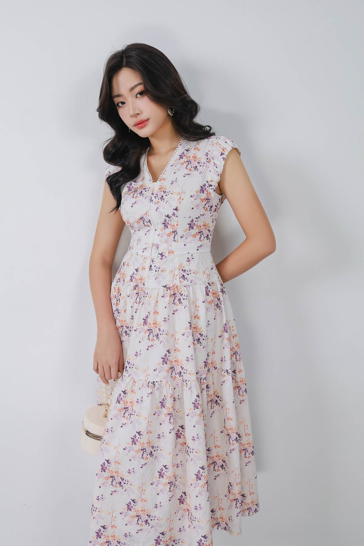 FDC15239 - Đầm công sở vải thô xốp cổ xẻ V vai chờm thân váy phối ly bung tạo xoè khoá thân sau - PANTIO