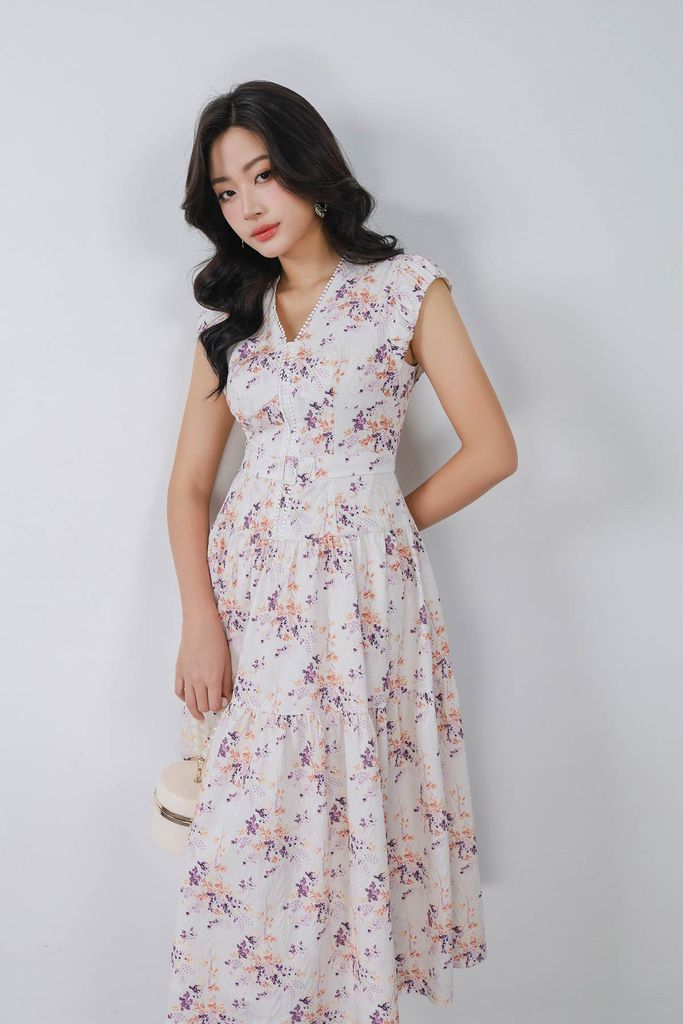 FDC15239 - Đầm công sở vải thô xốp cổ xẻ V vai chờm thân váy phối ly bung tạo xoè khoá thân sau - PANTIO