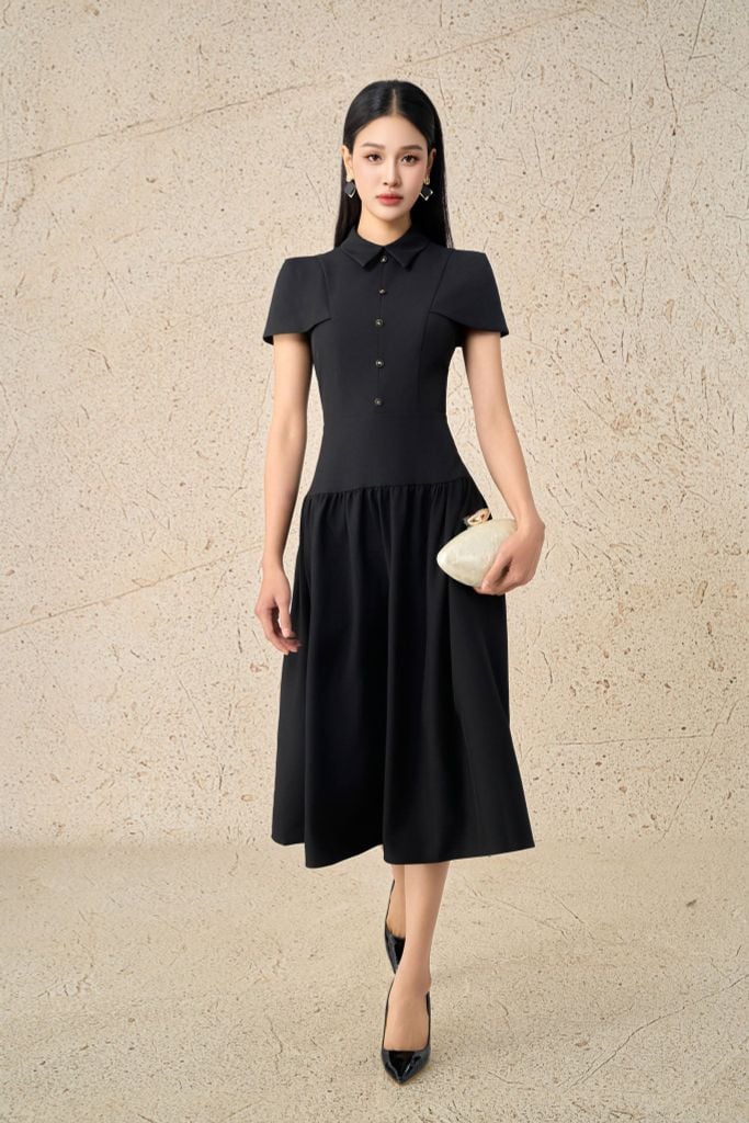 FDC15273 - Đầm công sở vải thô đũi dáng A cổ đức eo phối cạp bản to xếp nhún tạo kiểu khoá thân sau - PANTIO