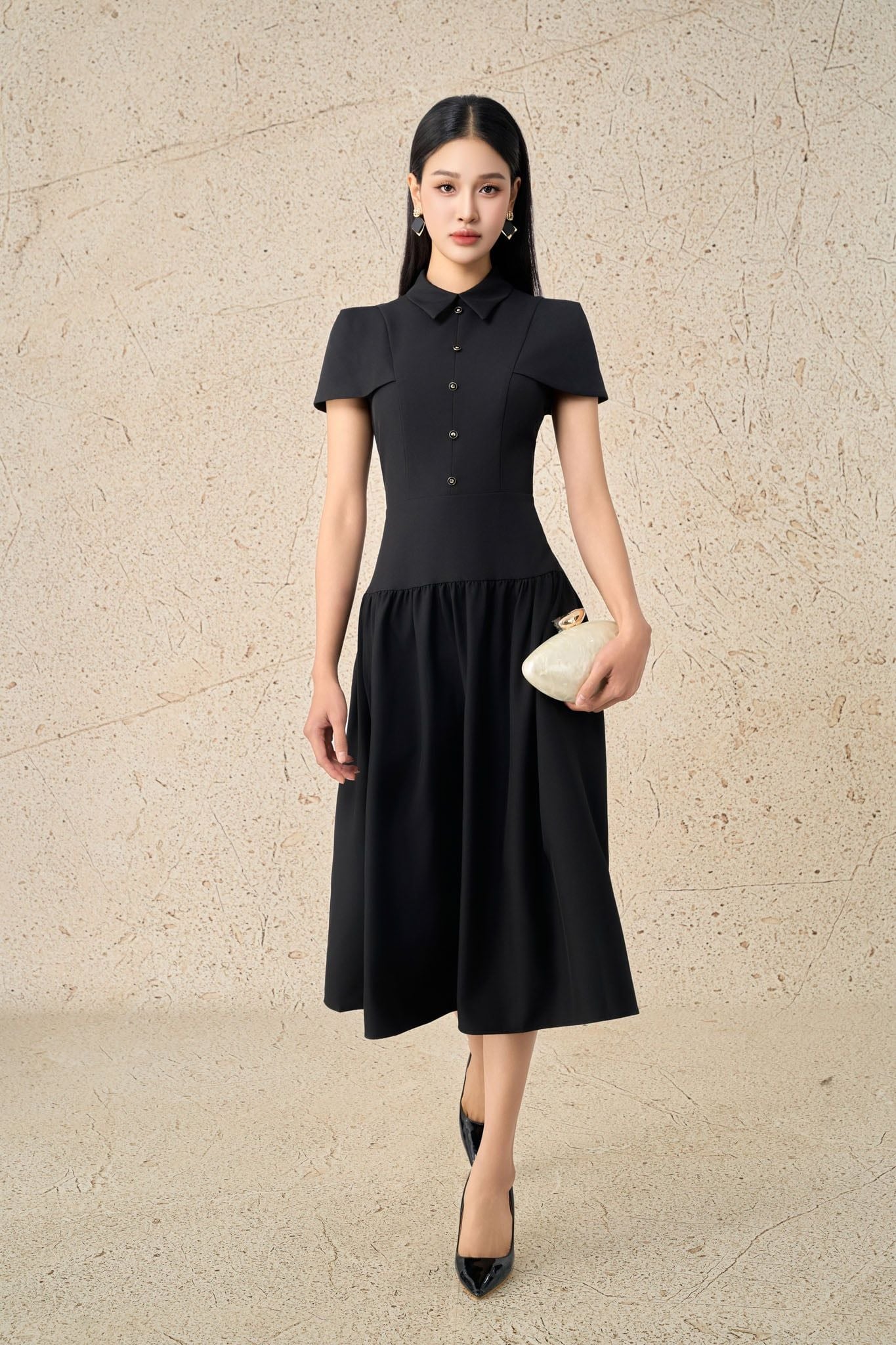 FDC15273 - Đầm công sở vải thô đũi dáng A cổ đức eo phối cạp bản to xếp nhún tạo kiểu khoá thân sau - PANTIO