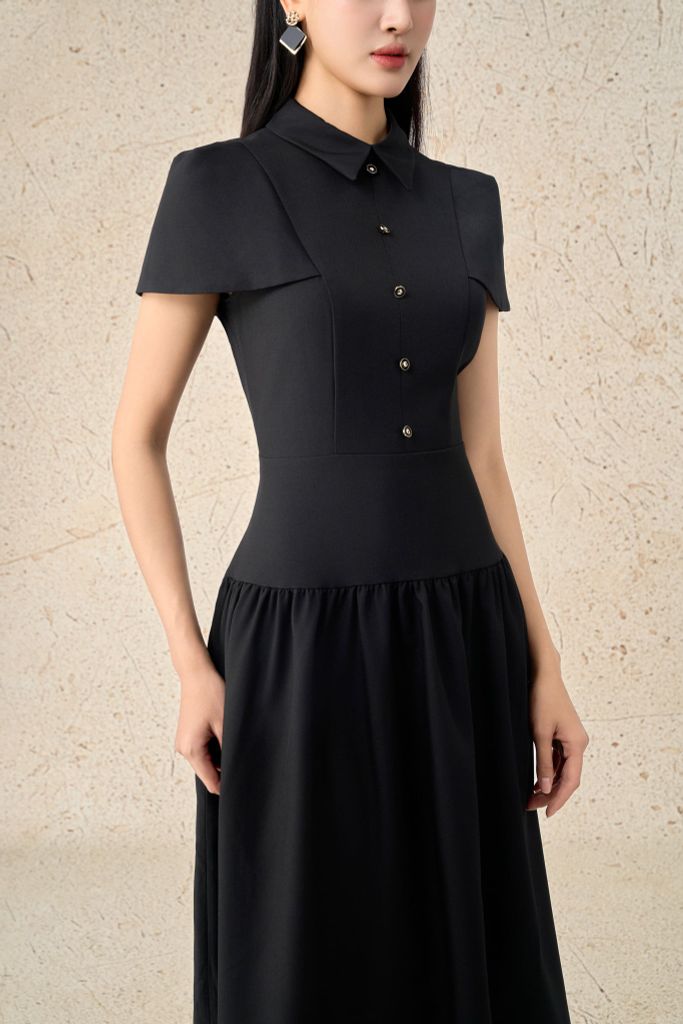 FDC15273 - Đầm công sở vải thô đũi dáng A cổ đức eo phối cạp bản to xếp nhún tạo kiểu khoá thân sau - PANTIO