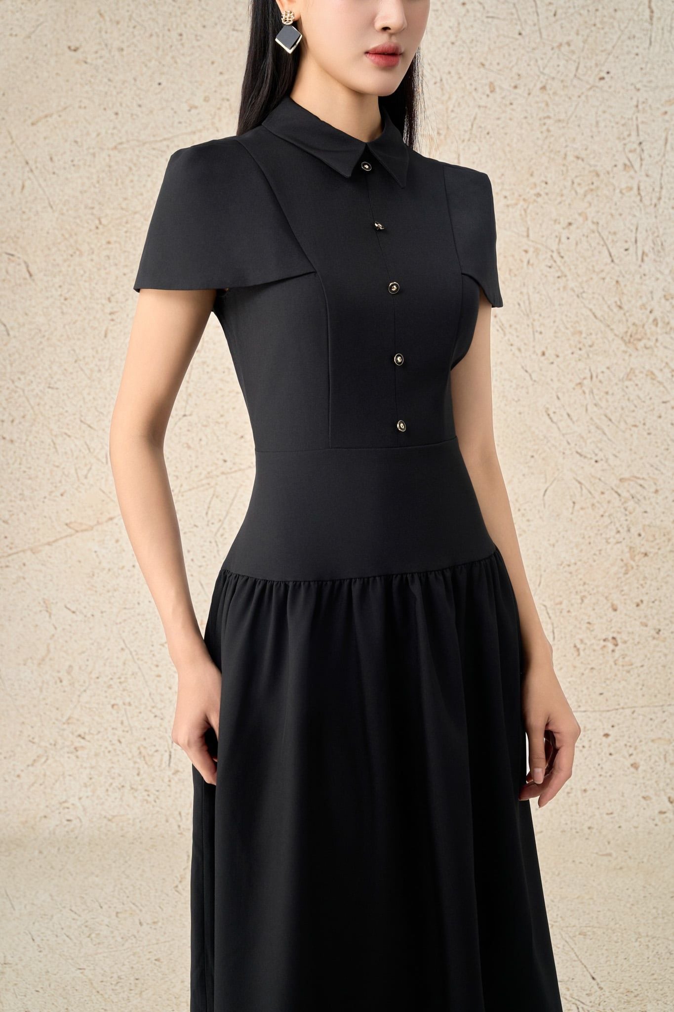 FDC15273 - Đầm công sở vải thô đũi dáng A cổ đức eo phối cạp bản to xếp nhún tạo kiểu khoá thân sau - PANTIO