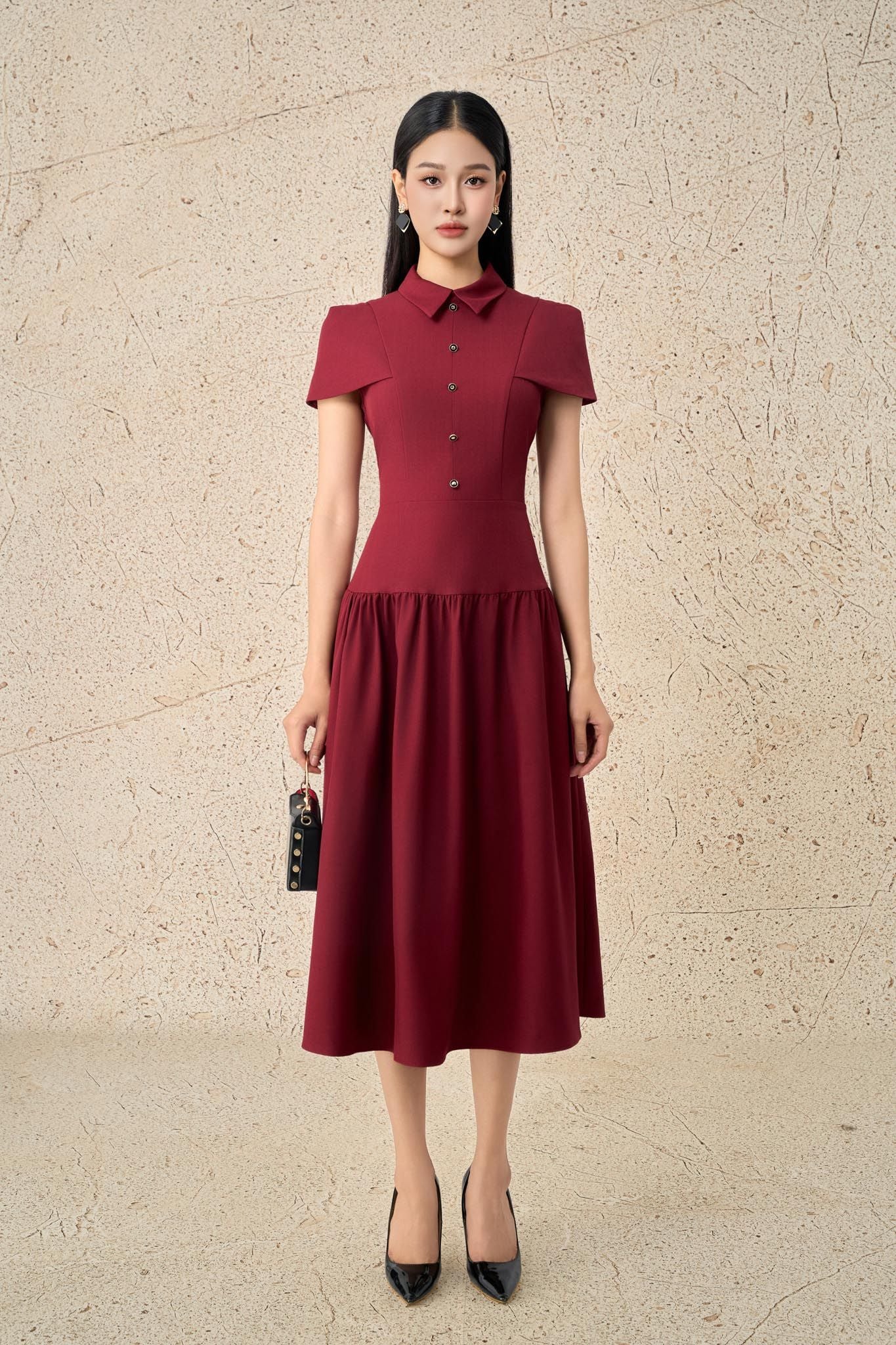 FDC15273 - Đầm công sở vải thô đũi dáng A cổ đức eo phối cạp bản to xếp nhún tạo kiểu khoá thân sau - PANTIO