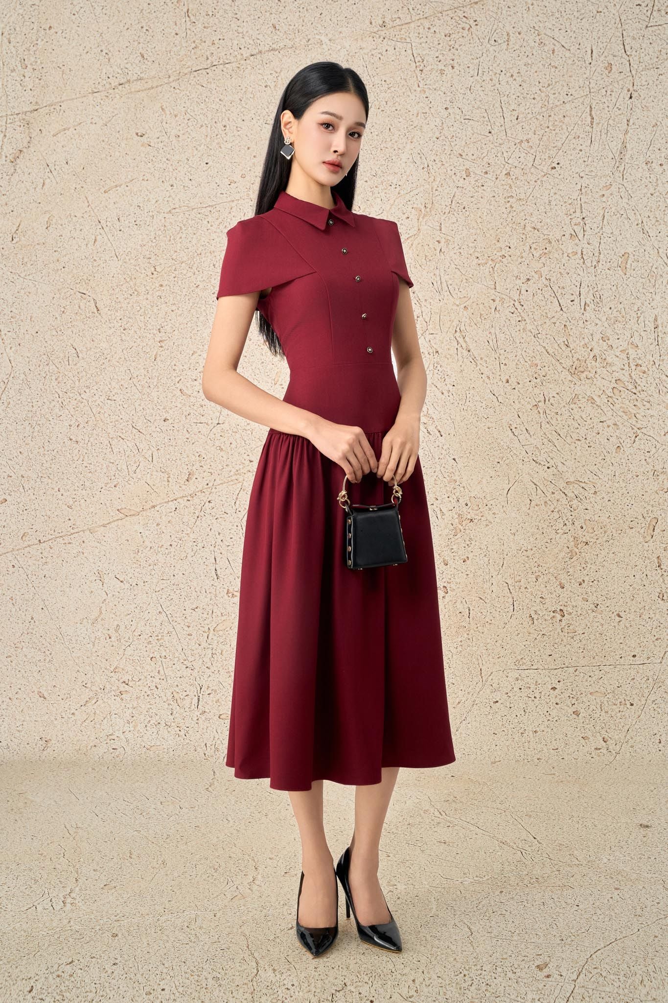 FDC15273 - Đầm công sở vải thô đũi dáng A cổ đức eo phối cạp bản to xếp nhún tạo kiểu khoá thân sau - PANTIO